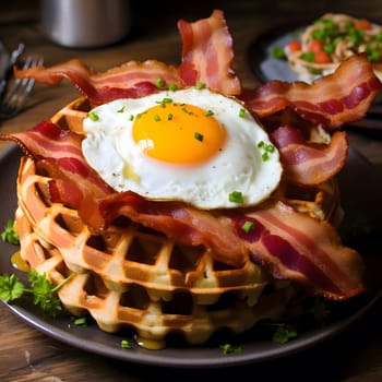 A stack of golden brown waffles topped with a fried egg, crispy bacon, and a sprinkle of fresh chives. It's the perfect breakfast or brunch dish.