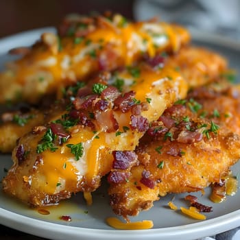Close up shot of crispy chicken tenders with bacon and cheese on a plate.