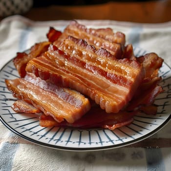 A plate of crispy bacon on a white plate, the bacon is perfectly cooked and looks delicious.