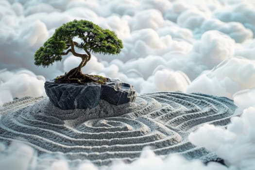 Tranquil Miniature Zen Garden with Bonsai Tree in Surreal Cloudscape.