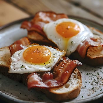 Close-up shot of two slices of toast topped with crispy bacon and fried eggs, capturing the appetizing textures and flavors of a classic breakfast dish.