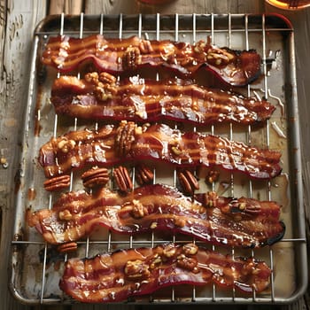 Close up of maple glazed bacon with pecans on a wire rack