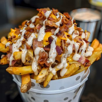 A close-up of fries with cheese, bacon and sauce in a paper container