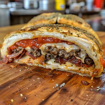 A close-up of a freshly baked calzone filled with cheese, meat, and sauce, showcasing its crispy golden crust and delicious contents.