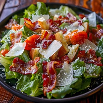 A close-up of a Caesar salad with crispy bacon, parmesan cheese, and croutons on a black plate.