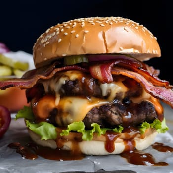 A close-up shot of a juicy double cheeseburger with crispy bacon and melted cheese. The burger is stacked high with layers of beef patties, cheese, bacon, and lettuce, all topped with a generous helping of sauce.