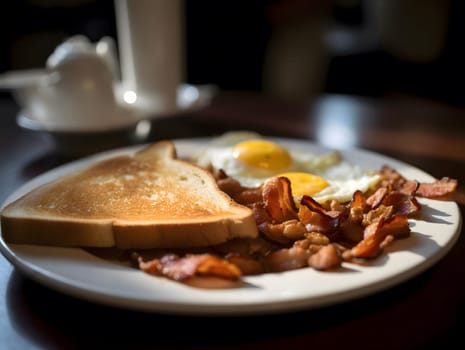 A plate of breakfast with toast, crispy bacon and fried eggs. This delicious meal is perfect for a morning start.