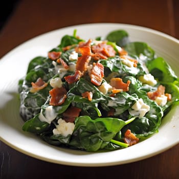 A close-up shot of a spinach salad with bacon and creamy dressing, a delicious and healthy meal.