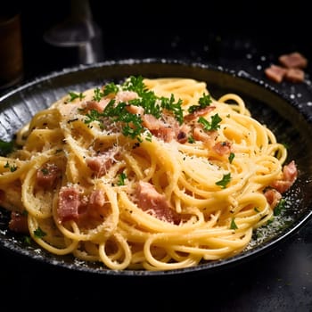 A plate of delicious carbonara pasta with bacon and parmesan cheese. The pasta is cooked al dente and the sauce is creamy and flavorful.