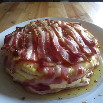 A close up of a baked brie topped with crispy bacon, cheese, and herbs, served on a white plate. The brie is melted and gooey, with a golden crust. The bacon is crisp and adds a salty flavor to the dish.