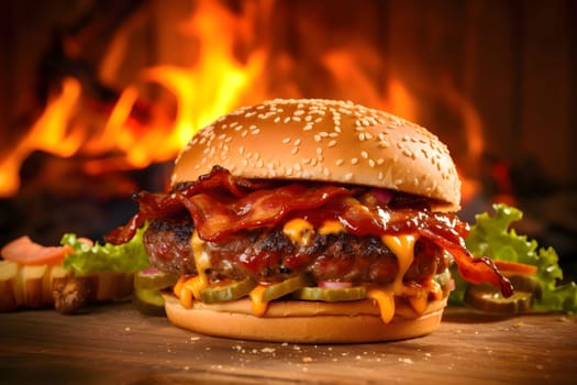 A close-up of a juicy bacon cheeseburger on a wooden board with fire in the background.