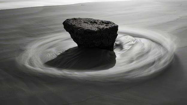 Gravity-Defying Lone Rock and Vortex of Black and White Sand in Surreal Landscape.