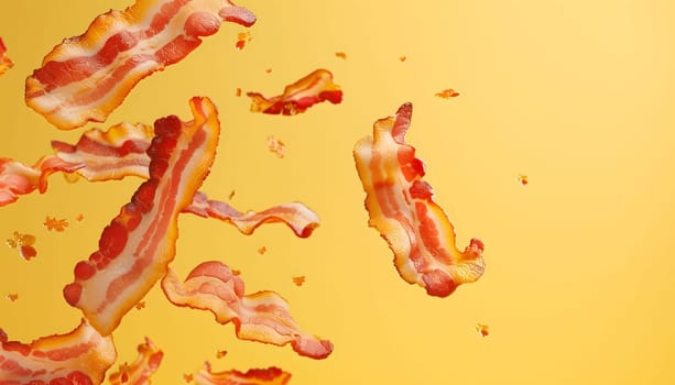 A close up of crispy bacon strips on a yellow background.