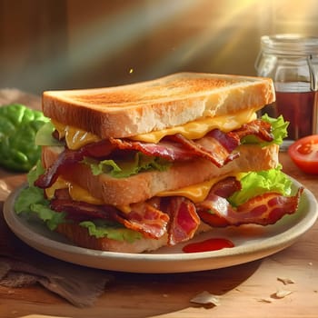 A mouthwatering sandwich with layers of crispy bacon, melted cheese, and fresh lettuce, served on a plate with a side of tomatoes