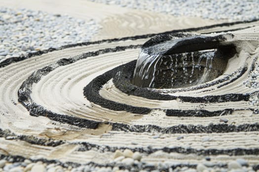 Zen garden with geyser of water disrupting order, representing impermanence ,Serenity Shattered.