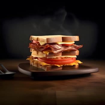 A close-up image of a mouthwatering bacon and cheese sandwich, with steaming cheese and crispy bacon, on a wooden tray against a dark background.