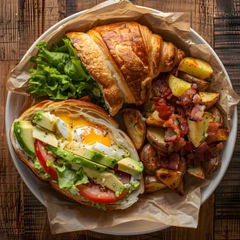 A mouthwatering breakfast croissant sandwich filled with creamy avocado, a perfectly cooked egg, and crispy bacon. The croissant is toasted to perfection and the ingredients are beautifully arranged on a white plate, ready to be enjoyed.