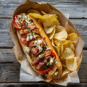 A mouthwatering bacon cheesesteak sub piled high with crispy potato chips. The sub is loaded with bacon, cheese, tomatoes, and sauce, all nestled in a toasted bun.