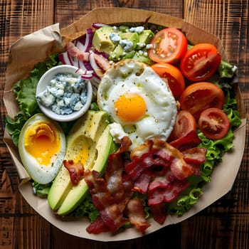 A colorful and healthy breakfast salad with avocado, bacon, egg, and tomato. The salad is served on a wooden plate, and the ingredients are arranged in a visually appealing way.