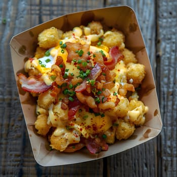 Close up of a plate of tater tots topped with bacon, cheese, and eggs.