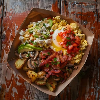 A close-up shot of a breakfast bowl filled with scrambled eggs, bacon, potatoes, avocado, and feta cheese. The bowl is placed on a wooden table, and the colors are bright and inviting.