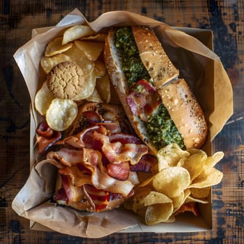 This picture shows a close-up of a delicious lunch in a paper takeout container. There's a sandwich, potato chips, bacon, and a green sauce. It looks like a perfect meal for a quick lunch.