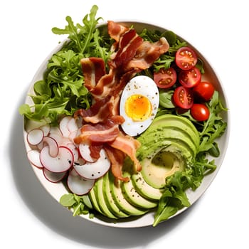 A vibrant salad bowl filled with fresh avocado slices, crispy bacon, a perfectly cooked egg, and ripe tomatoes.