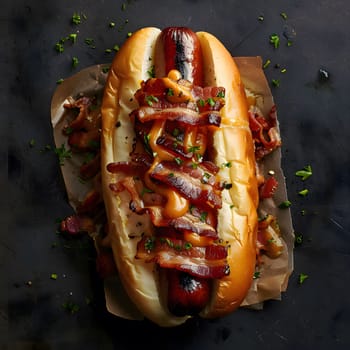 A close-up of a hot dog with bacon and mustard, on a dark background.