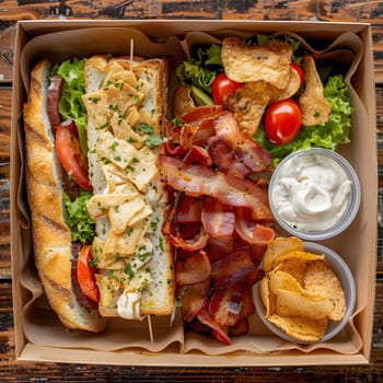 A box of gourmet sandwiches, with various ingredients like bacon, lettuce, tomatoes, and chips.