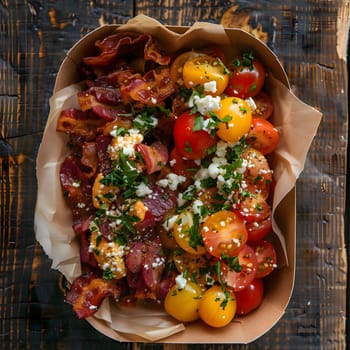 A close-up image of a delicious salad with crispy bacon, fresh tomatoes, feta cheese and parsley, perfect for lunch or dinner.