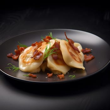 A plate of freshly made pierogi, topped with crispy bacon and dill, making for a savory and satisfying meal.