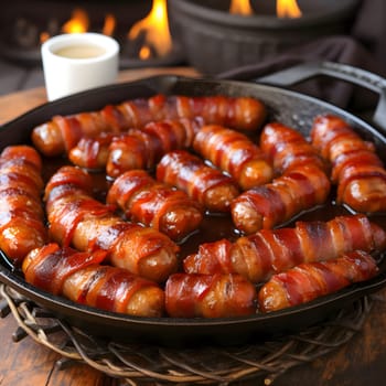 Close-up view of bacon-wrapped sausages in a cast iron skillet, showcasing the delicious and crispy bacon.