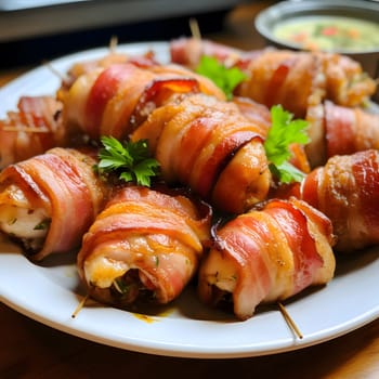 A plate of bacon-wrapped chicken bites, ready to be devoured