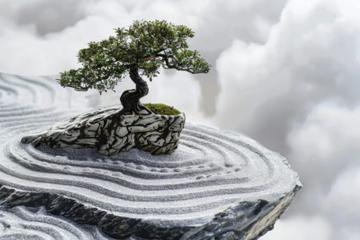 Tranquil Miniature Zen Garden with Bonsai Tree in Surreal Cloudscape.
