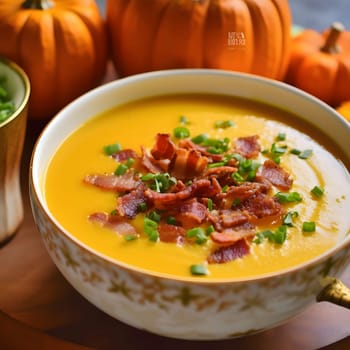 A close-up of a bowl of creamy pumpkin soup topped with crispy bacon and fresh chives. The soup is a vibrant orange color and the bacon adds a savory and salty flavor.