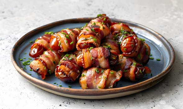 A close-up of a plate of bacon-wrapped dates, garnished with chives. A sweet and savory appetizer perfect for parties or any occasion.