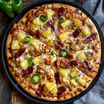 A close-up shot of a Hawaiian pizza with chicken, bacon, pineapple, and jalapeno on a black pan. The pizza is cut into slices and the toppings are visible on the pizza.