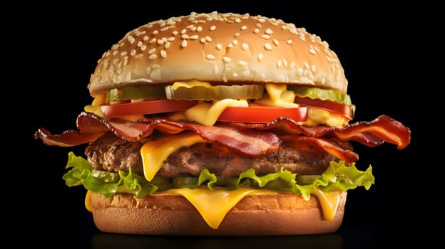 A close-up shot of a mouthwatering bacon cheeseburger with all the fixings, isolated on a black background.