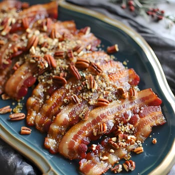A close-up of candied bacon with pecans. The bacon is crispy and caramelized, and the pecans are roasted and crunchy. This dish is a delicious and satisfying snack or appetizer.