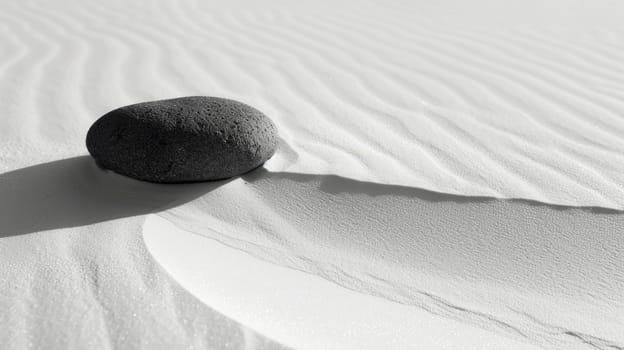 Black Rock on White Sand: Minimalist Zen Balance.