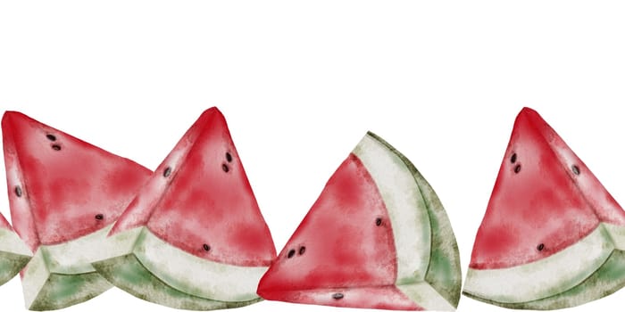 Watermelon watercolor. Juicy slices of ripe fruit hand drawn on isolated white background. Seamless border clip art of red watermelon. For restaurant menu and fresh bars. High quality illustration