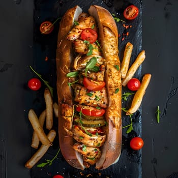 A mouthwatering chicken sub with fresh toppings, perfectly grilled and ready to devour.