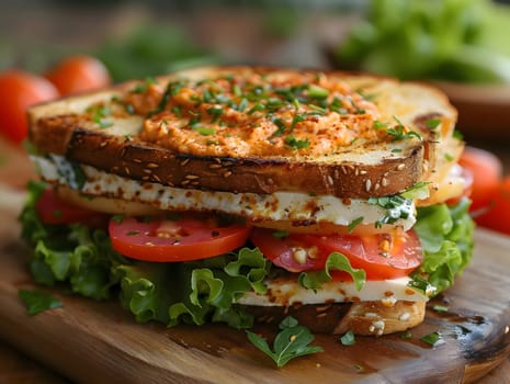 A close-up of a mouthwatering sandwich with grilled bread, fresh tomatoes, cheese, and lettuce, it's a symphony of textures and flavors.