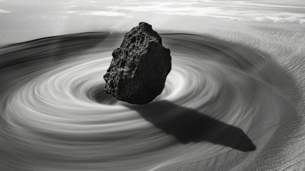 Gravity-Defying Lone Rock and Vortex of Black and White Sand in Surreal Landscape.