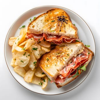 Close-up shot of two grilled sandwiches with potato chips, perfect for a delicious meal or snack.