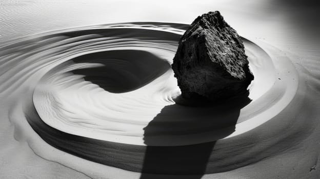 Gravity-Defying Lone Rock and Vortex of Black and White Sand in Surreal Landscape.