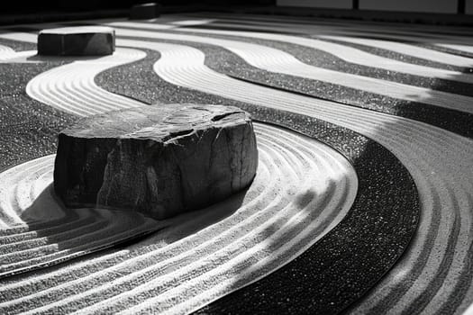 Zen garden with geyser of water disrupting order, representing impermanence ,Serenity Shattered.
