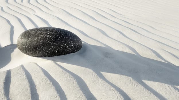 Black Rock on White Sand: Minimalist Zen Balance.