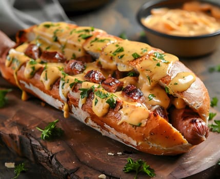 A close-up shot of a delicious hot dog with melted cheese and yellow mustard on top, a perfect combination of savory flavors and textures.