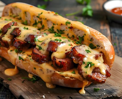 A close-up of a delicious sausage sandwich topped with melted cheese and parsley, drizzled with a creamy sauce. The sandwich is resting on a wooden board, with a rustic and homey feel.